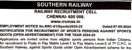 RRC SR Sports Quota Recruitment 2024